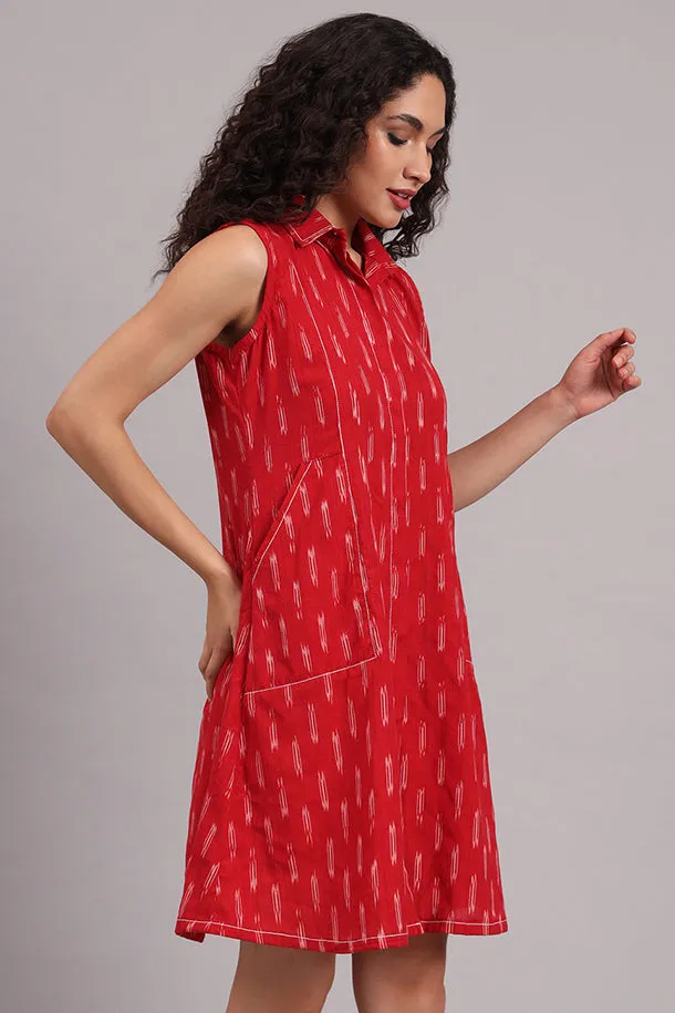 Red Handloom Iket Sleeveless Dress