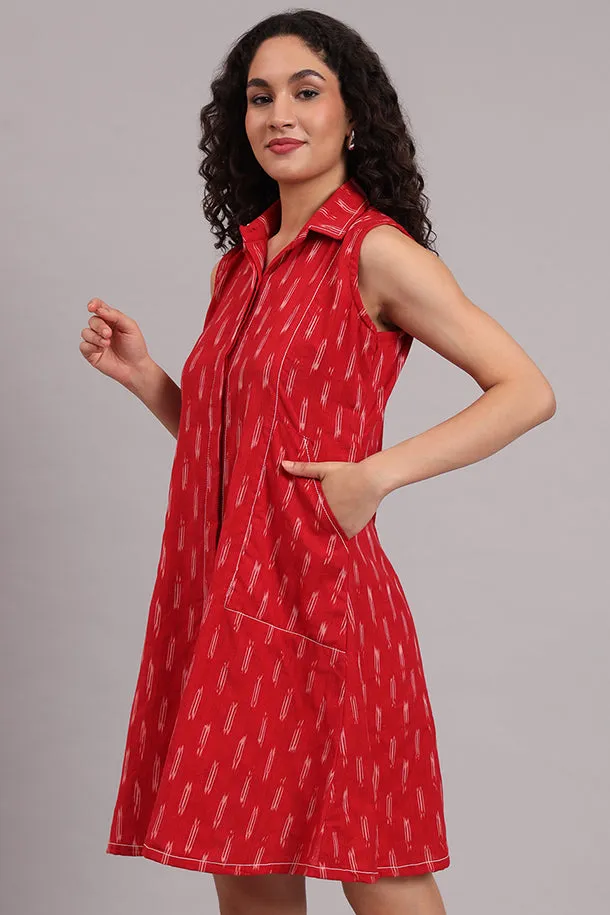 Red Handloom Iket Sleeveless Dress