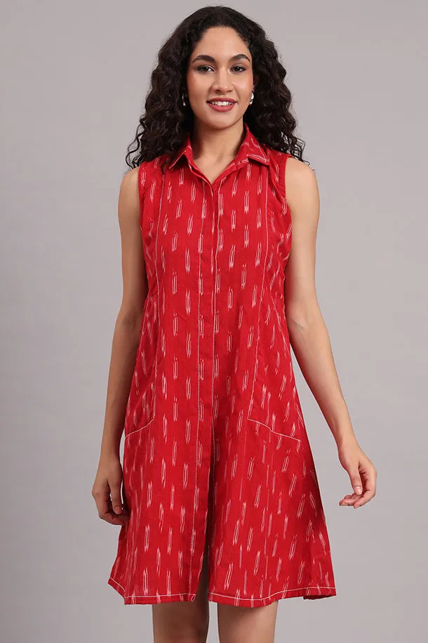 Red Handloom Iket Sleeveless Dress