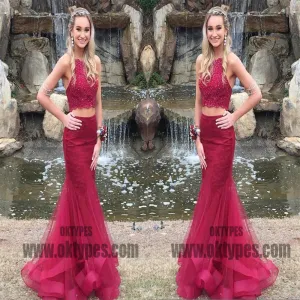 Red Two Piece Beading Prom Dresses, Halter Strap Tulle Prom Dresses, TYP0387