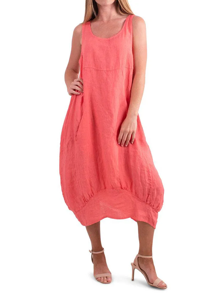Relaxed Fit Ribbed Sides Linen Smart Dress