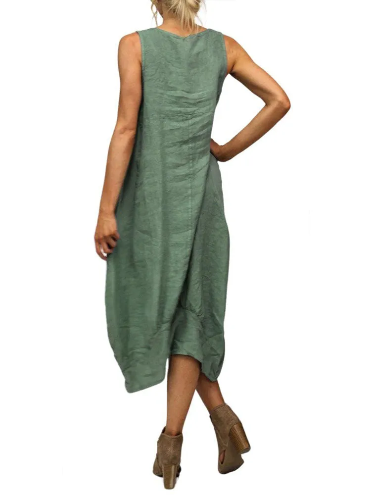 Relaxed Fit Ribbed Sides Linen Smart Dress