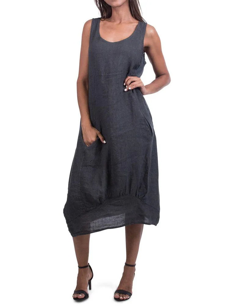 Relaxed Fit Ribbed Sides Linen Smart Dress