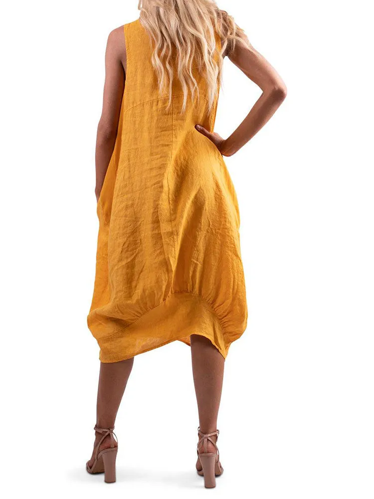 Relaxed Fit Ribbed Sides Linen Smart Dress