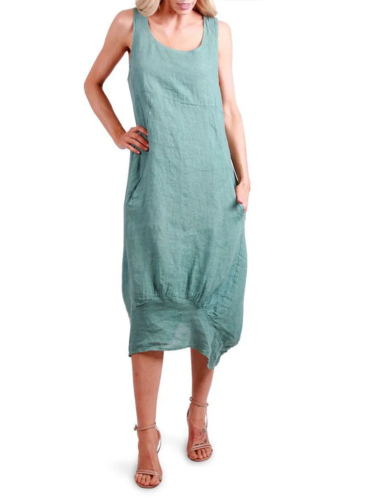 Relaxed Fit Ribbed Sides Linen Smart Dress