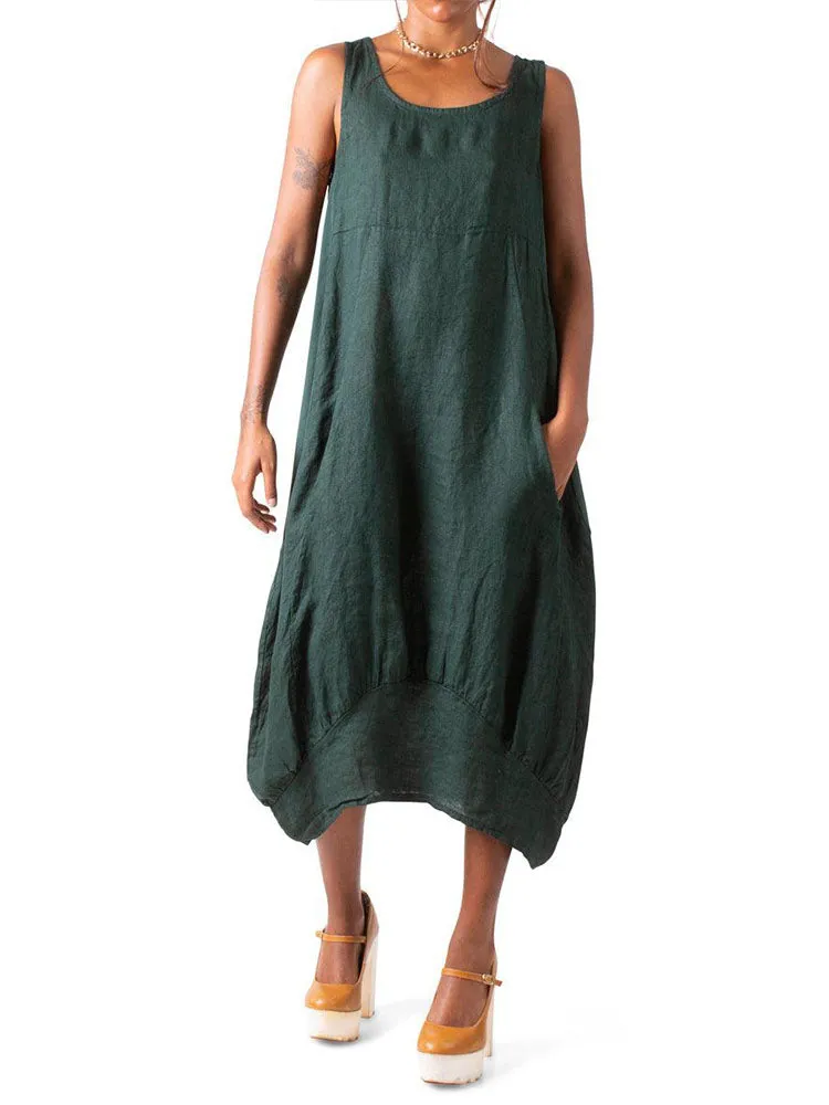 Relaxed Fit Ribbed Sides Linen Smart Dress
