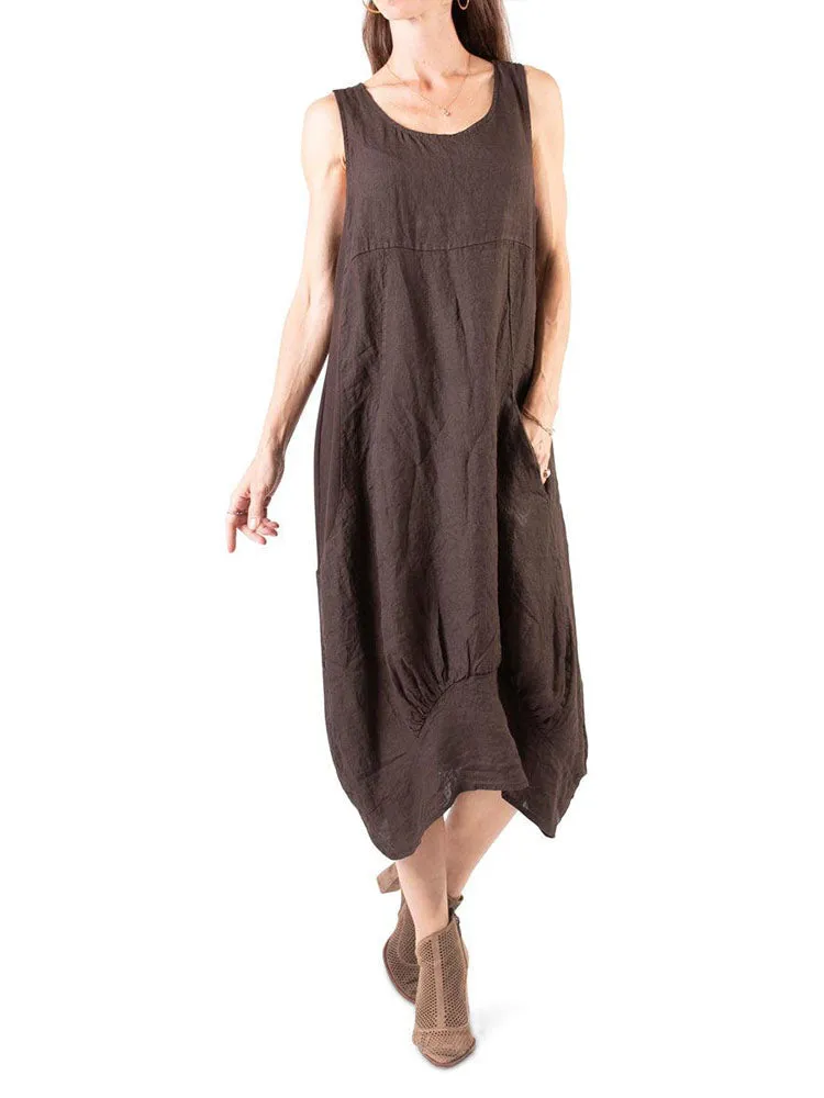 Relaxed Fit Ribbed Sides Linen Smart Dress