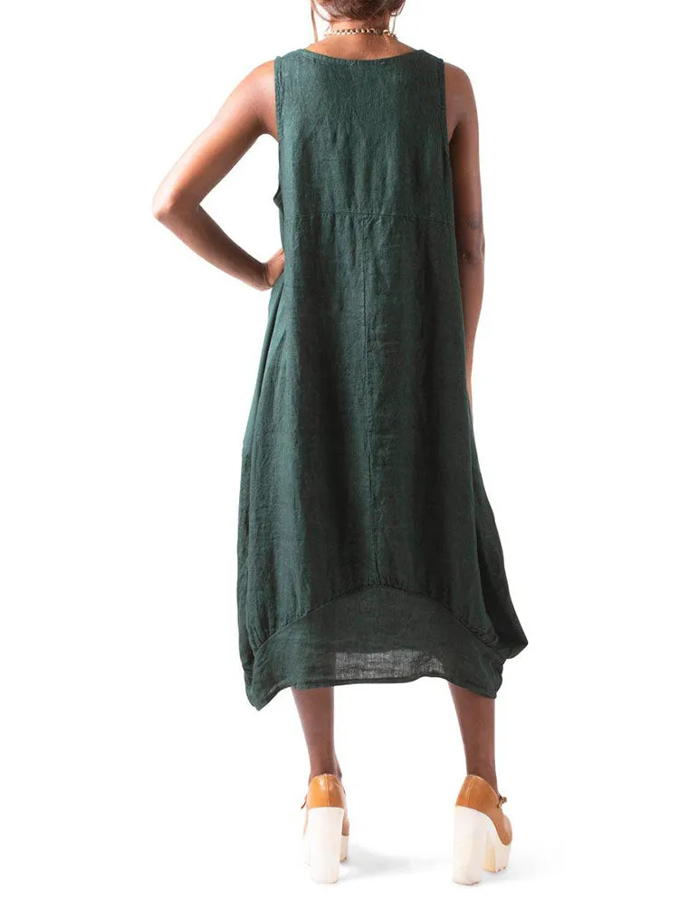Relaxed Fit Ribbed Sides Linen Smart Dress