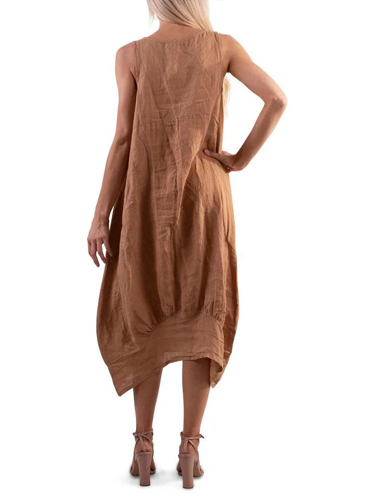 Relaxed Fit Ribbed Sides Linen Smart Dress