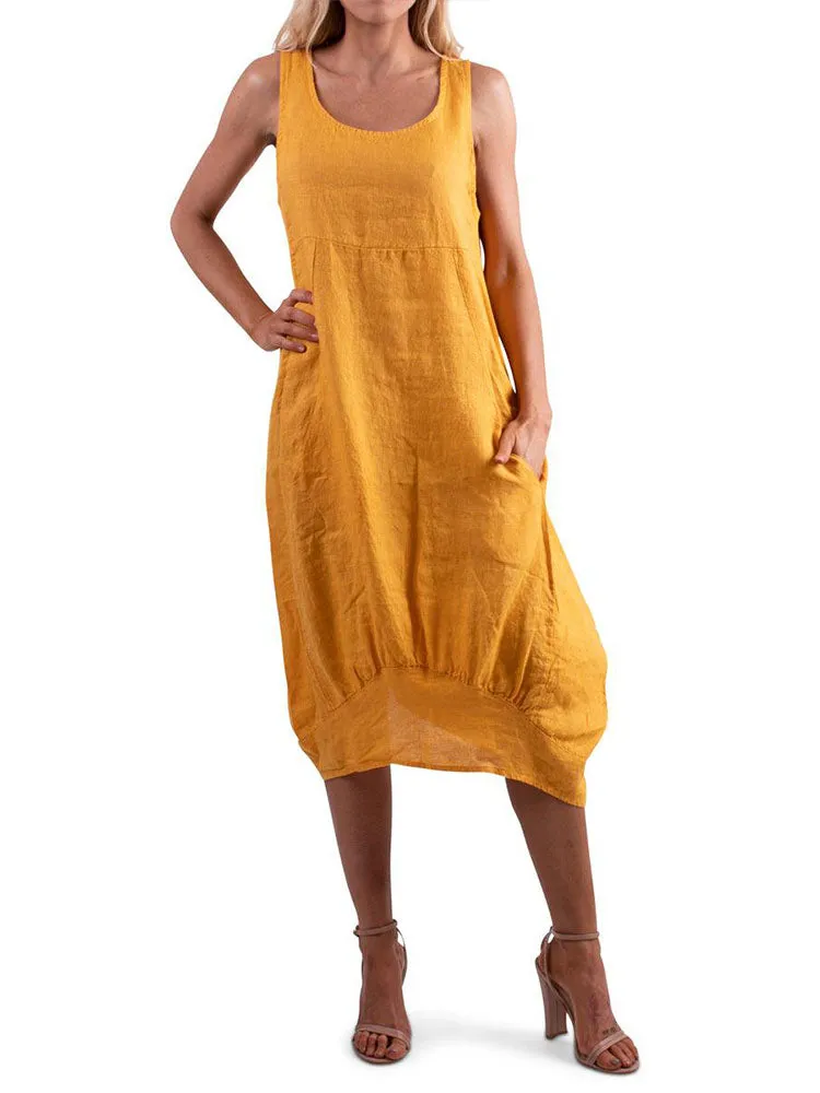 Relaxed Fit Ribbed Sides Linen Smart Dress