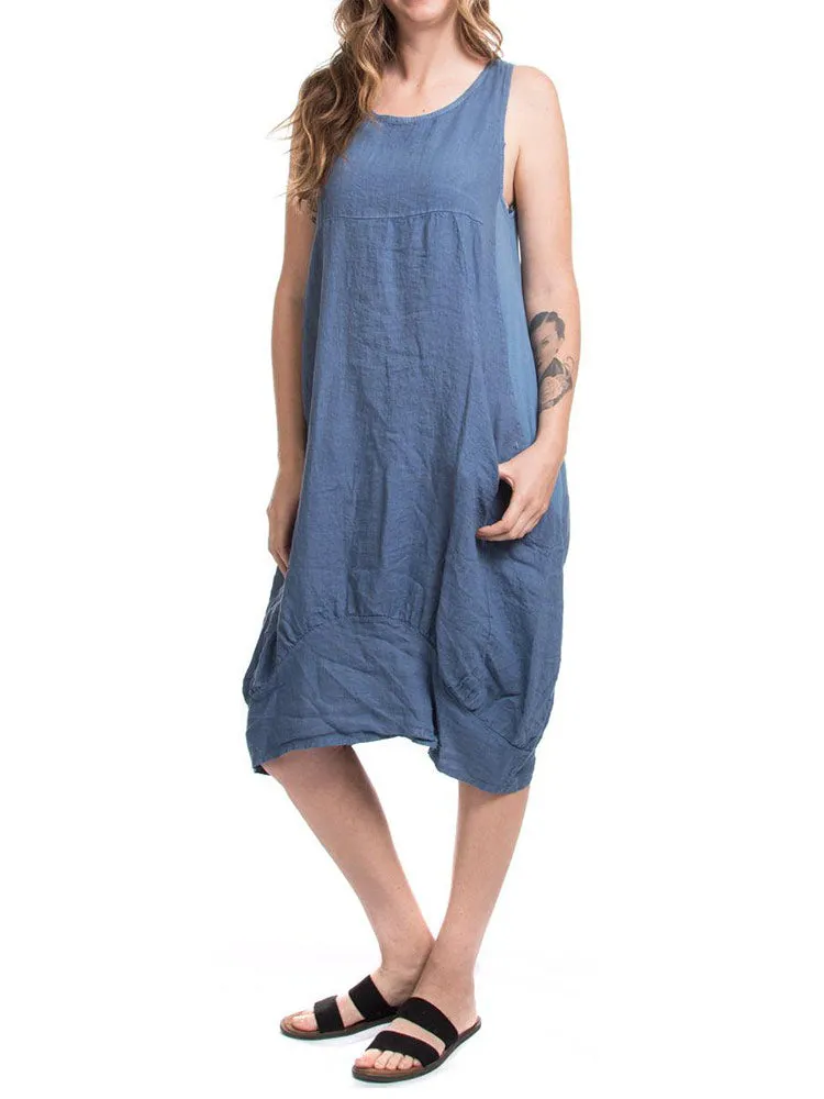 Relaxed Fit Ribbed Sides Linen Smart Dress