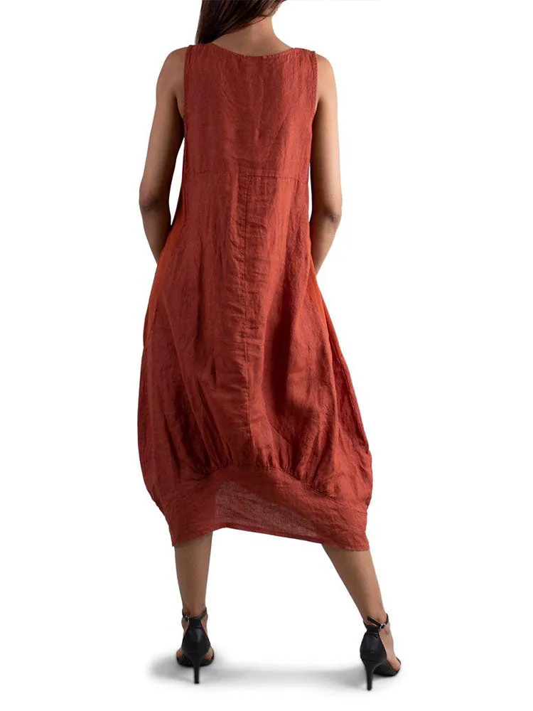 Relaxed Fit Ribbed Sides Linen Smart Dress