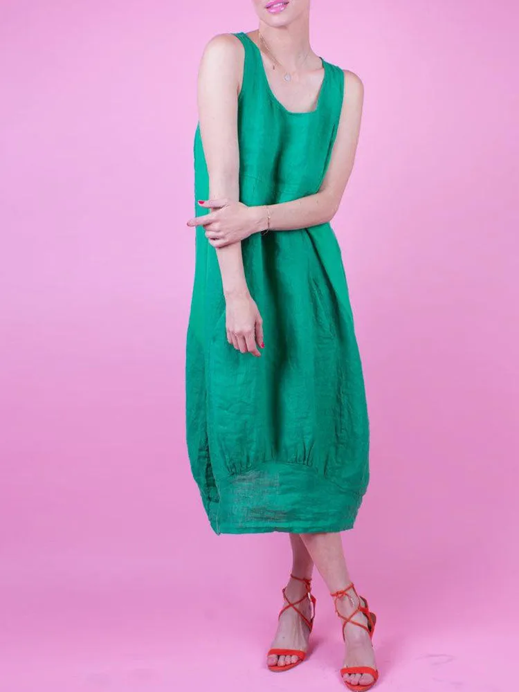 Relaxed Fit Ribbed Sides Linen Smart Dress