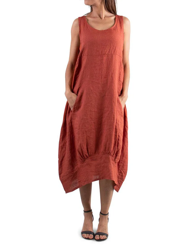 Relaxed Fit Ribbed Sides Linen Smart Dress