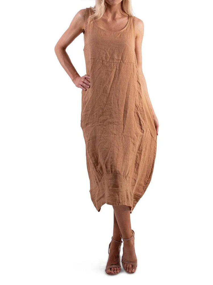 Relaxed Fit Ribbed Sides Linen Smart Dress
