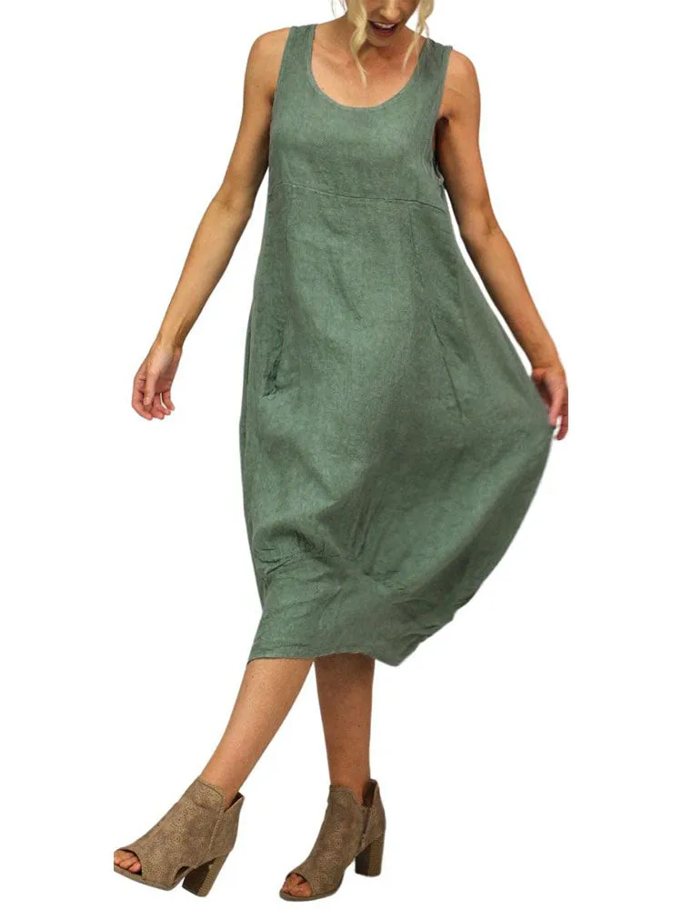 Relaxed Fit Ribbed Sides Linen Smart Dress
