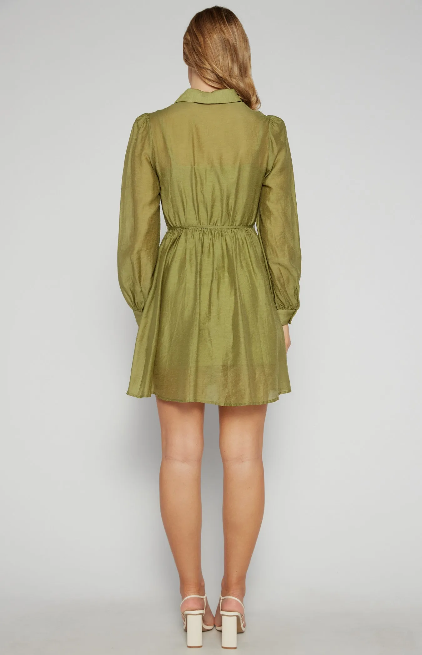 Sage Textured Mini Shirt Dress with Gold Buttons