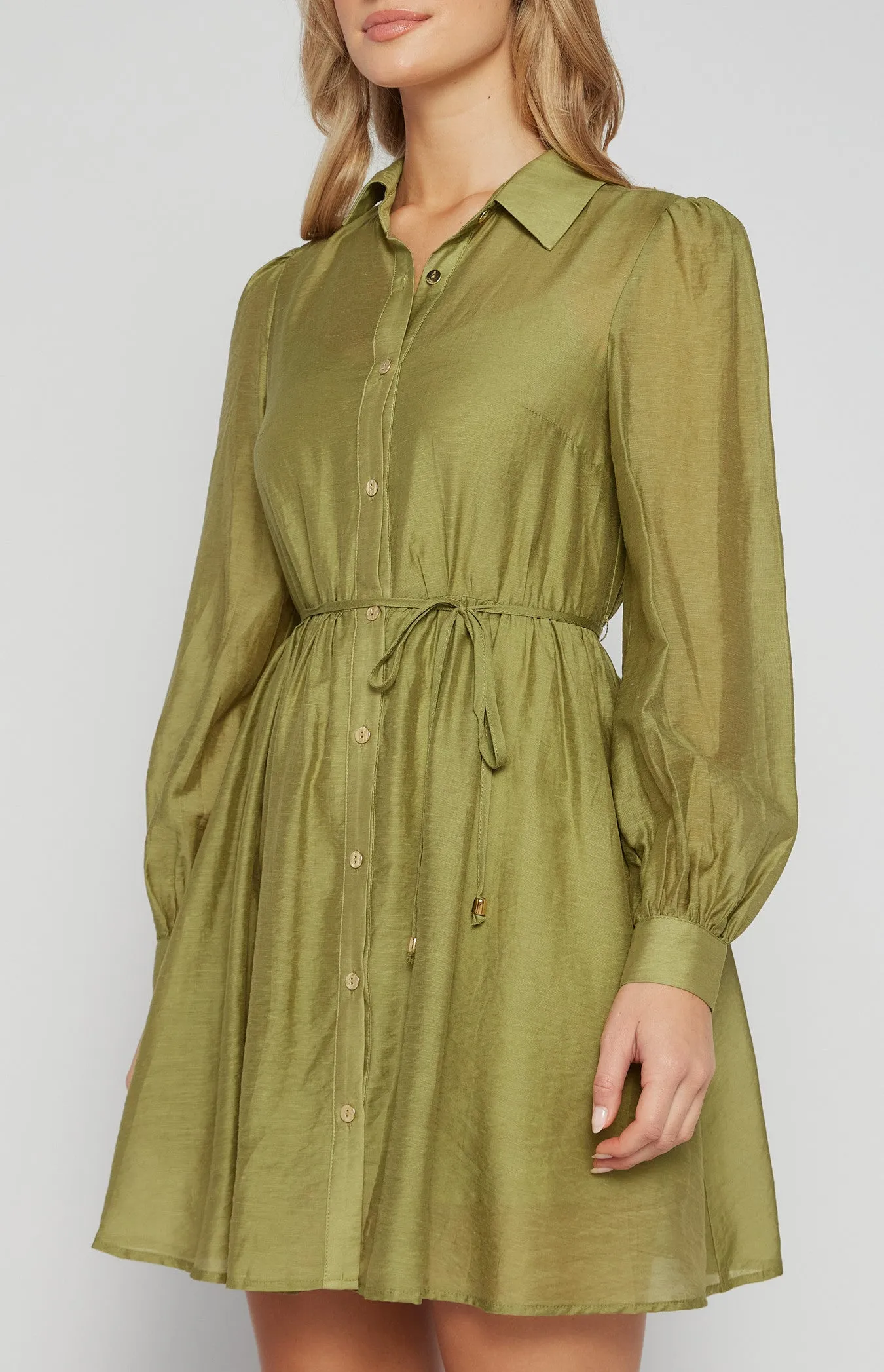 Sage Textured Mini Shirt Dress with Gold Buttons