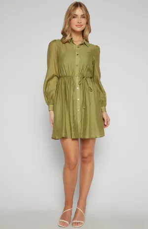 Sage Textured Mini Shirt Dress with Gold Buttons