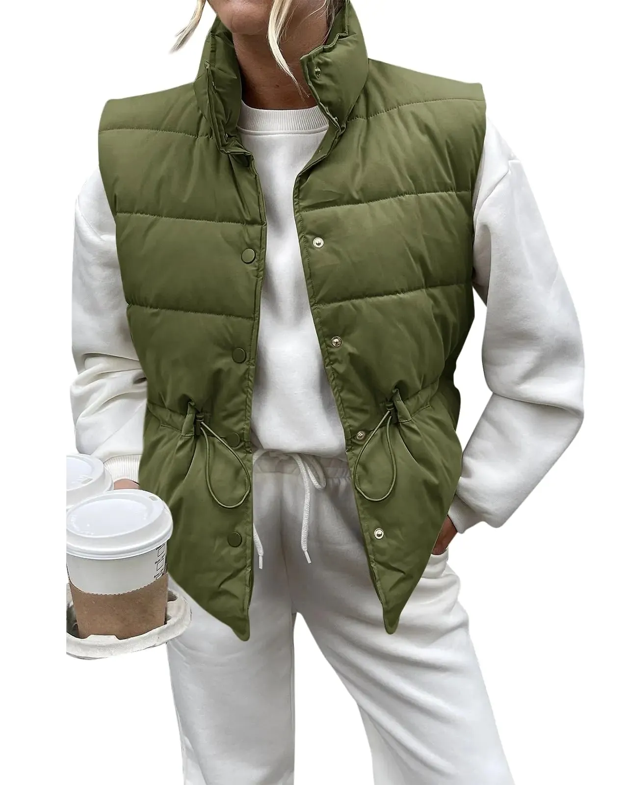 Saodimallsu Womens Puffer Vest Stand Collar Button Down Padded Jacket with Drawstring Waist