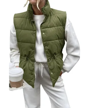Saodimallsu Womens Puffer Vest Stand Collar Button Down Padded Jacket with Drawstring Waist