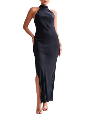 Satin Drape Back Maxi Dress with Split in Black