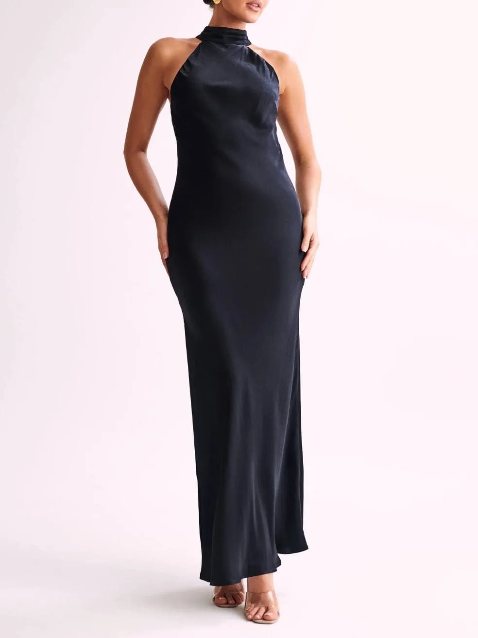 Satin Drape Back Maxi Dress with Split in Black