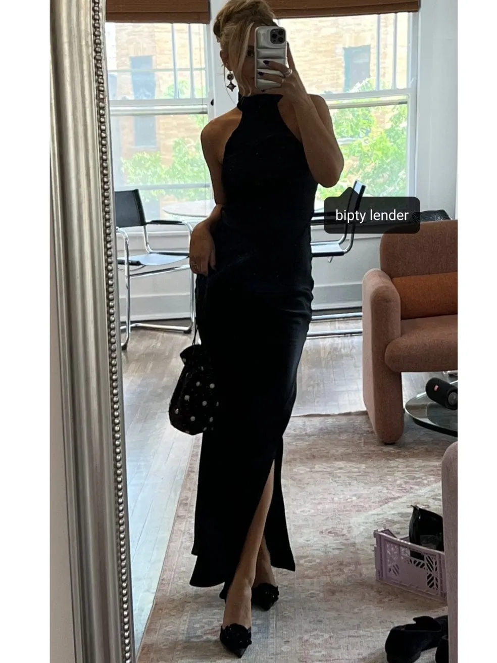 Satin Drape Back Maxi Dress with Split in Black