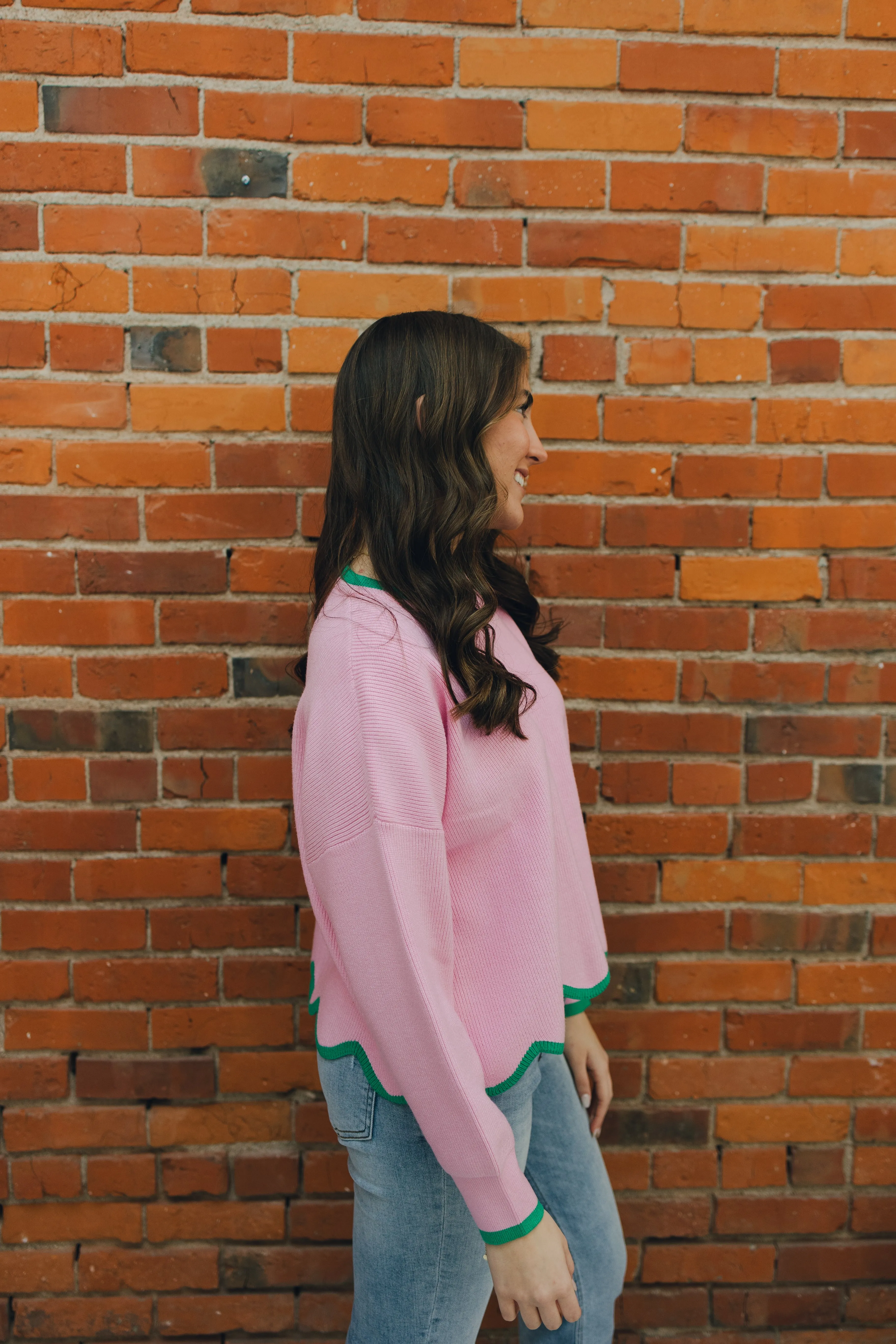 Scallop Hem Sweater - Pink/Green