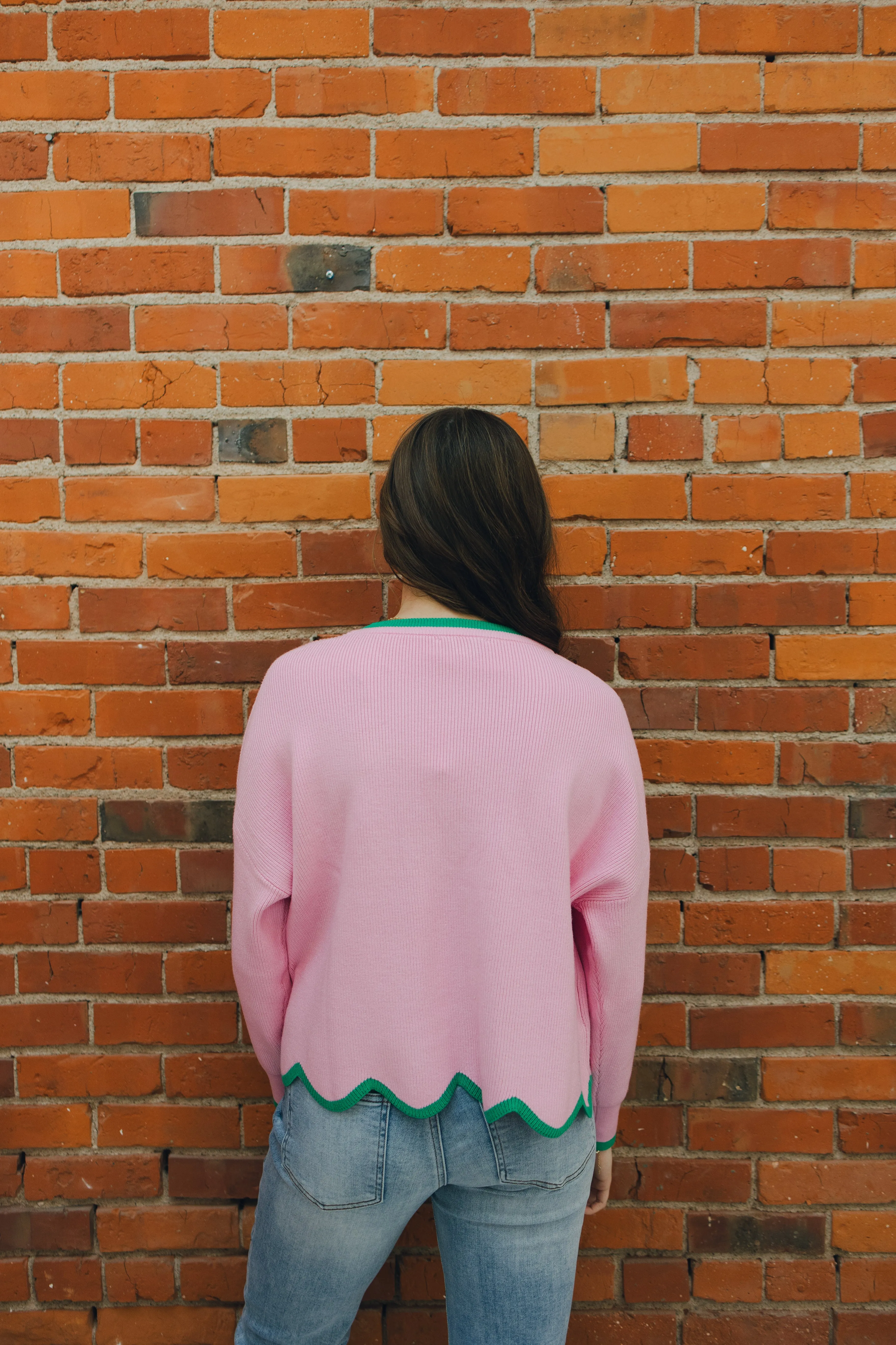 Scallop Hem Sweater - Pink/Green
