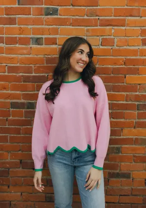 Scallop Hem Sweater - Pink/Green