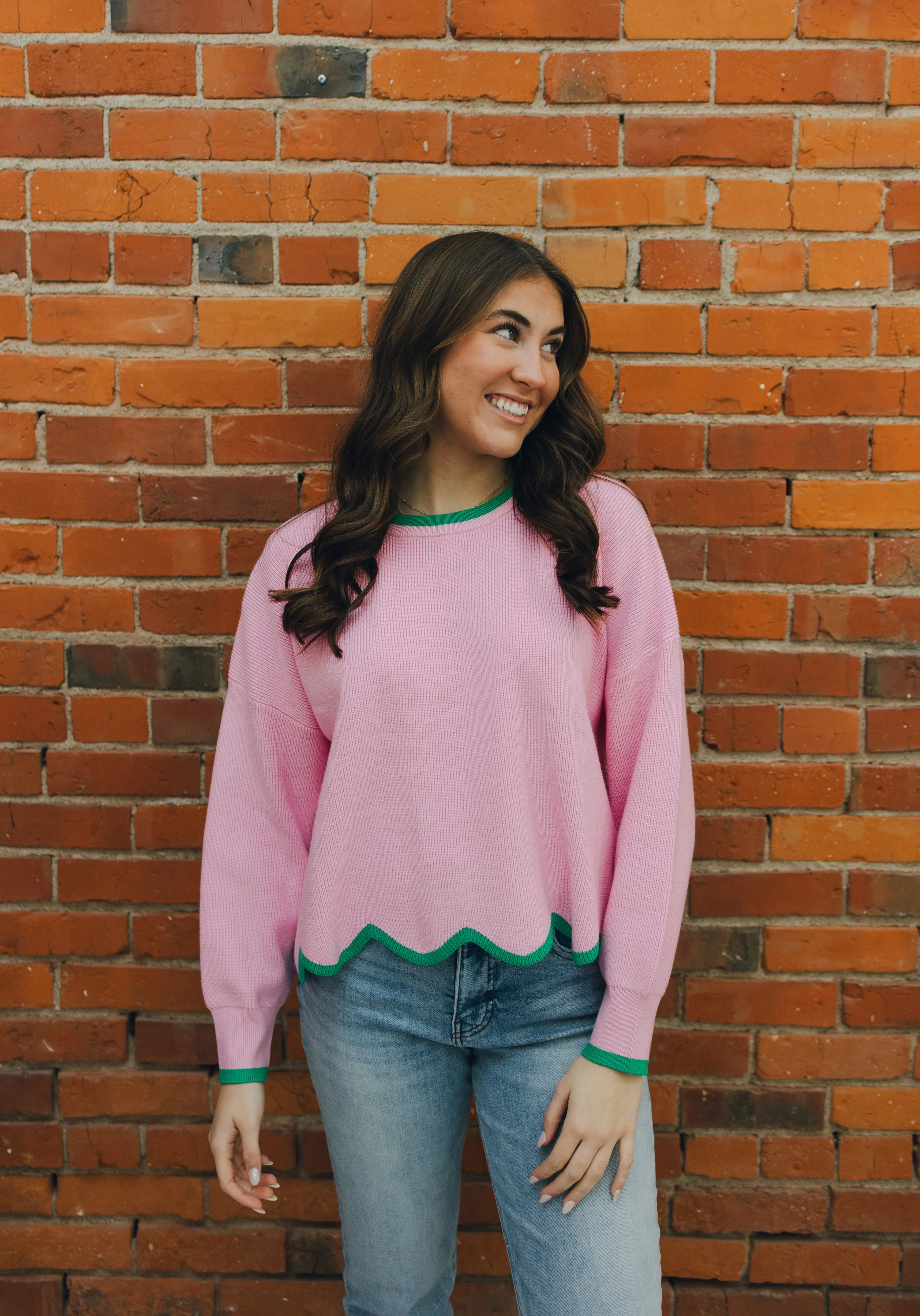 Scallop Hem Sweater - Pink/Green