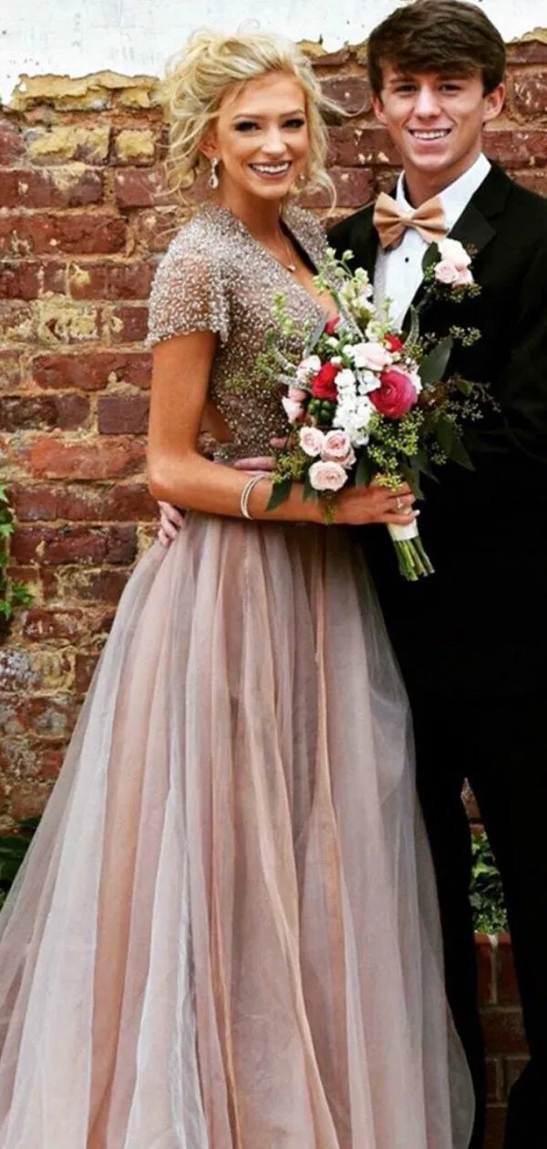 Short Sleeves Beaded Long A-line Prom Dresses, Cheap Prom Dresses, BG0444