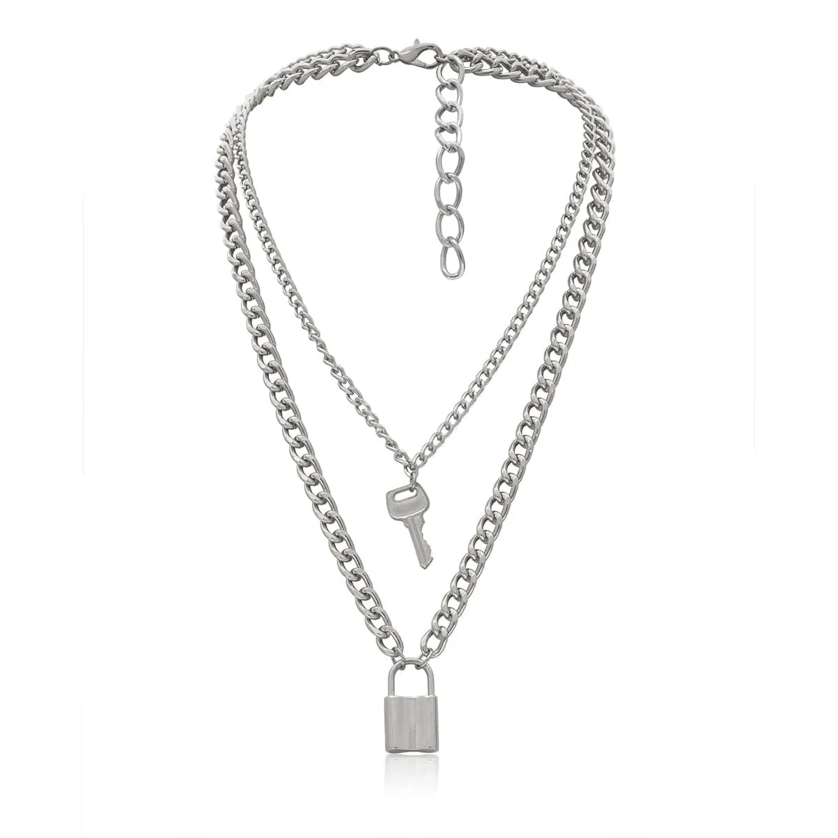 Silver-Plated Lock & Key Layered Pendant Necklace
