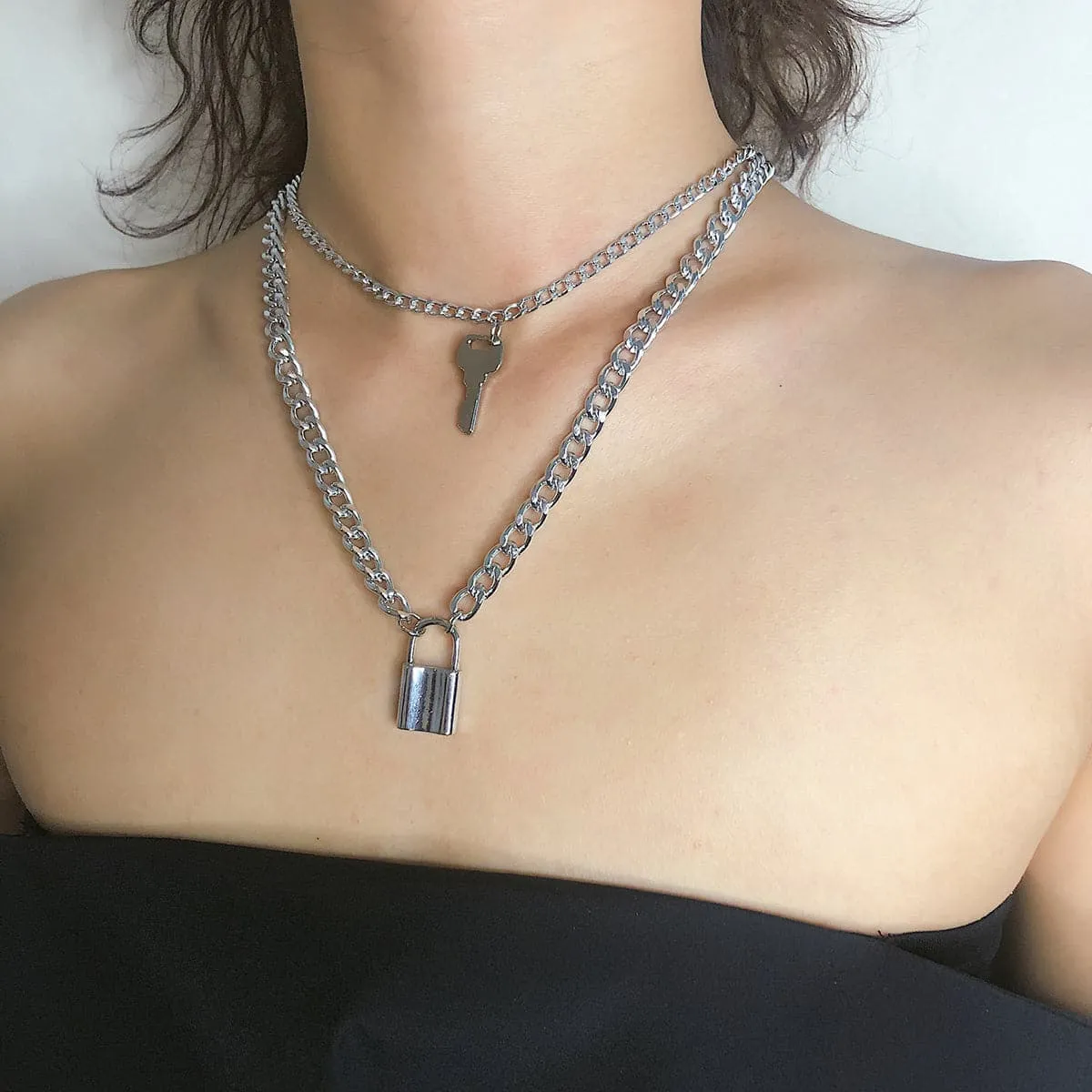 Silver-Plated Lock & Key Layered Pendant Necklace
