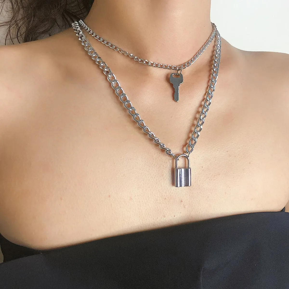 Silver-Plated Lock & Key Layered Pendant Necklace
