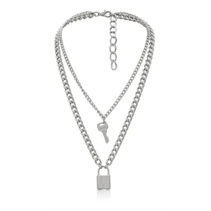 Silver-Plated Lock & Key Layered Pendant Necklace