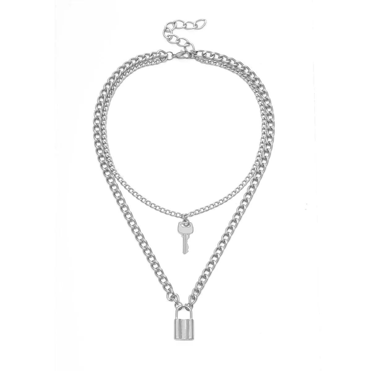 Silver-Plated Lock & Key Layered Pendant Necklace