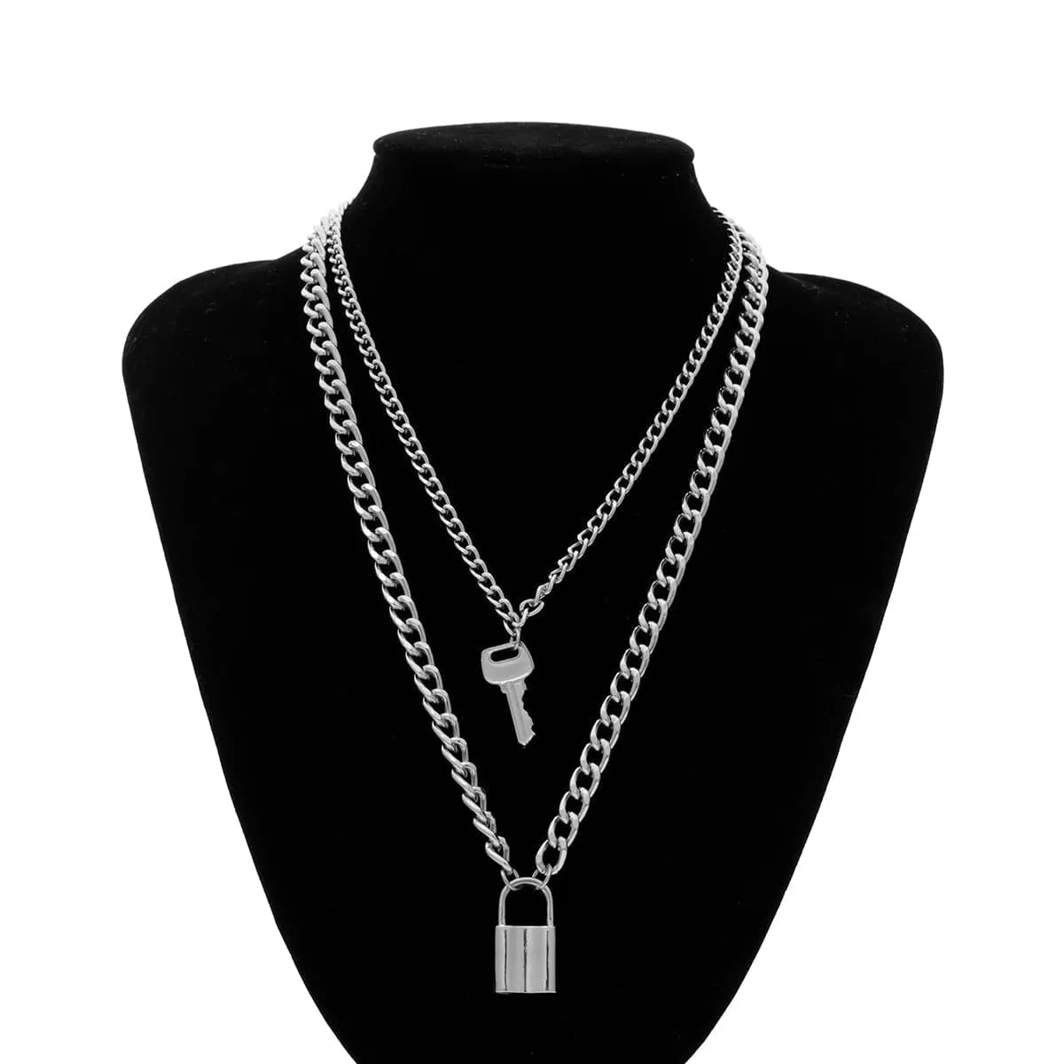 Silver-Plated Lock & Key Layered Pendant Necklace