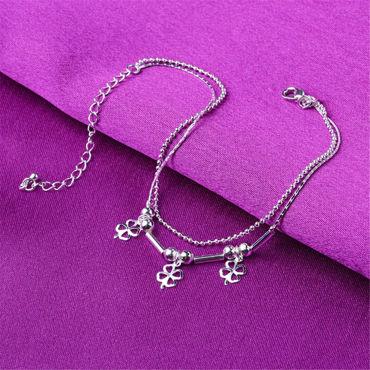 Silver-Plated Open Clover Layered Anklet