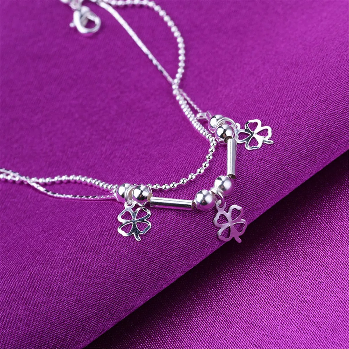 Silver-Plated Open Clover Layered Anklet