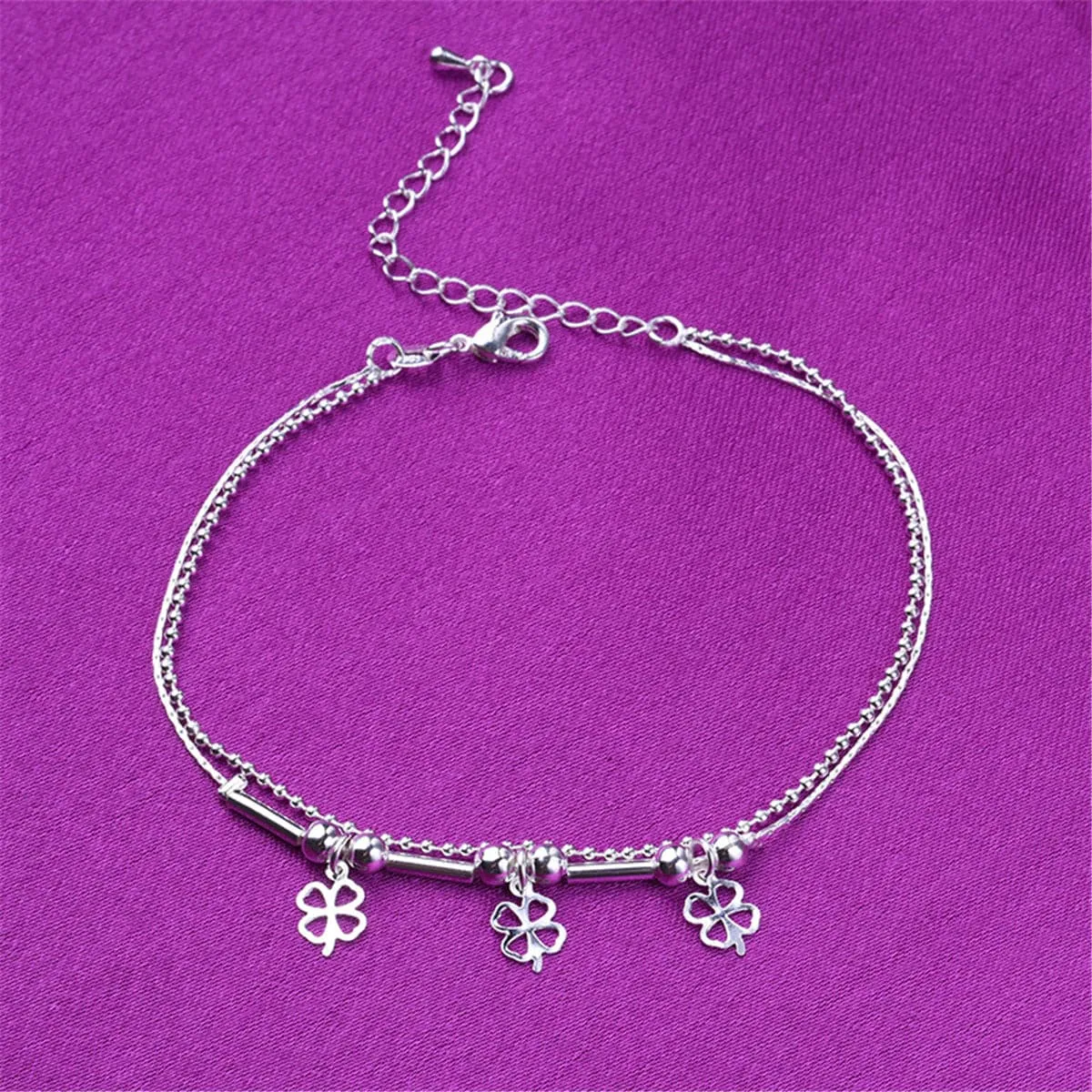 Silver-Plated Open Clover Layered Anklet