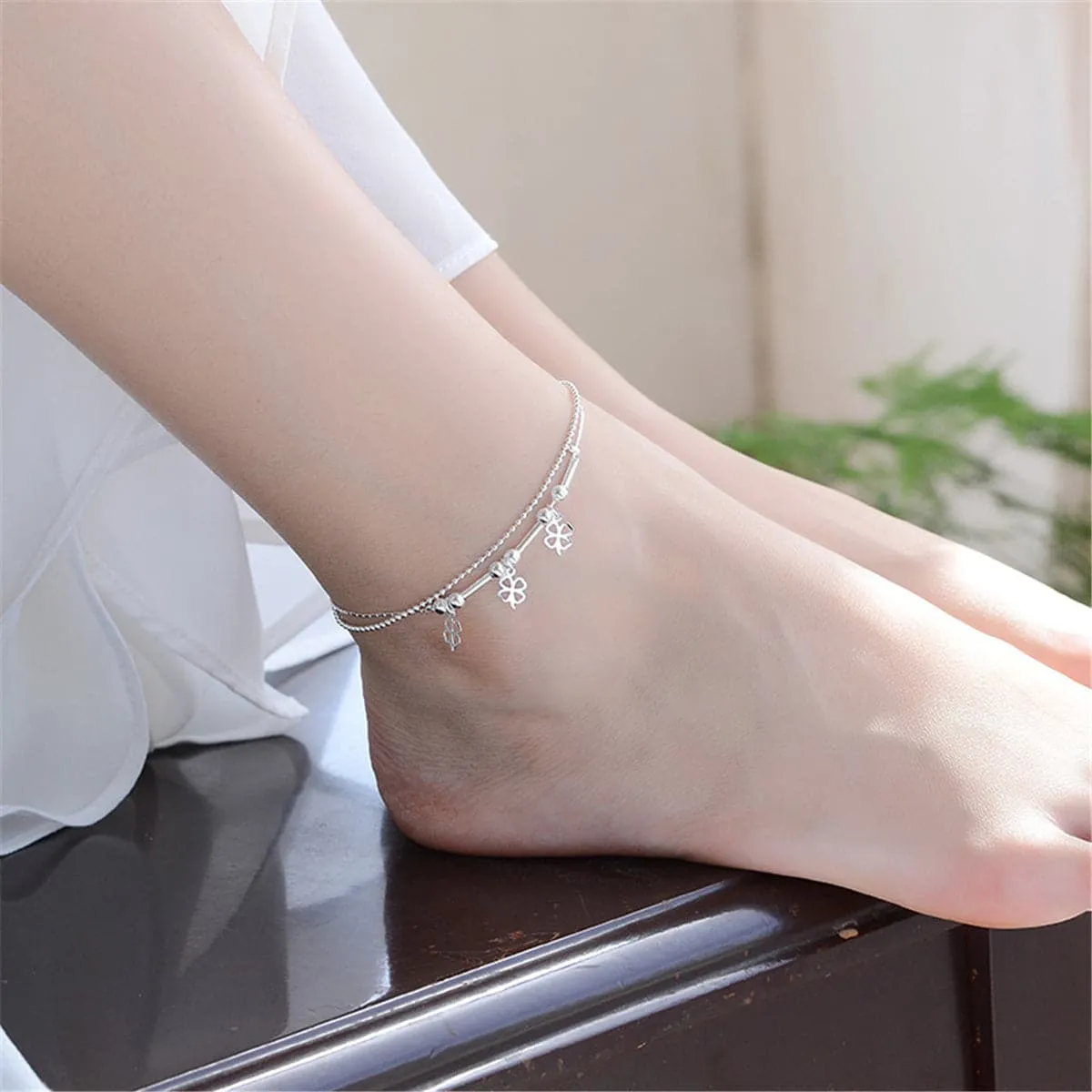 Silver-Plated Open Clover Layered Anklet