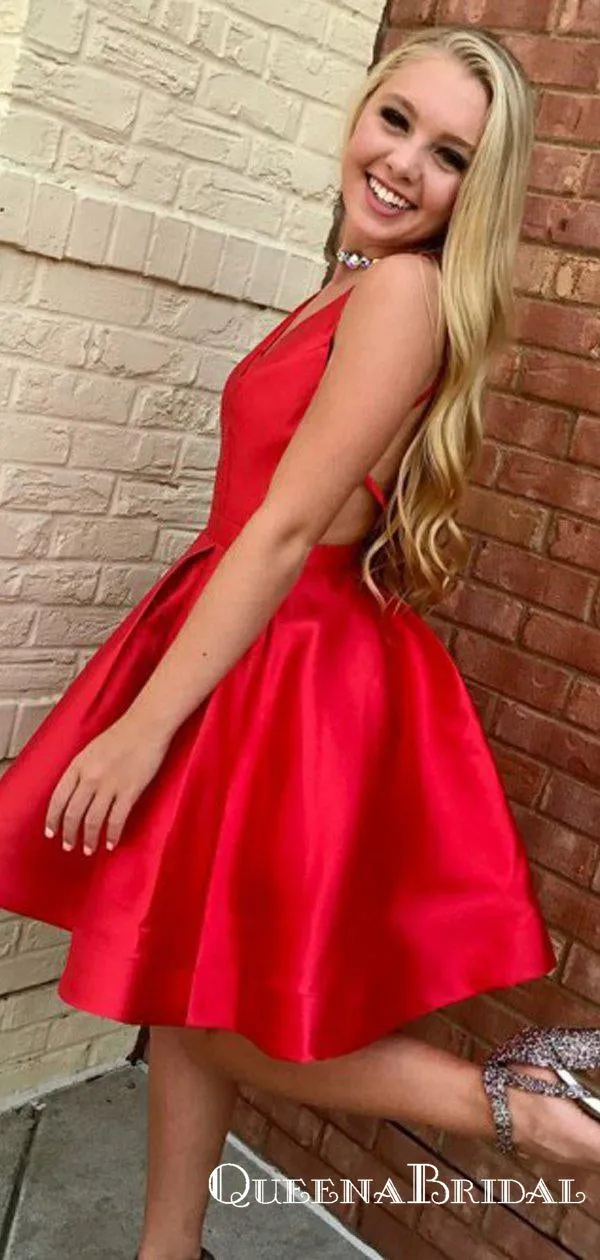 Simple A-Line V-Neck Criss-Cross Straps Red Satin Sleeveless Short Cheap Homecoming Dresses, QB0906