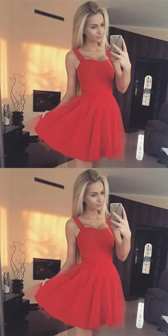 Simple Spaghetti Straps Short Cheap Red Tulle Homecoming Dresses, QB0198