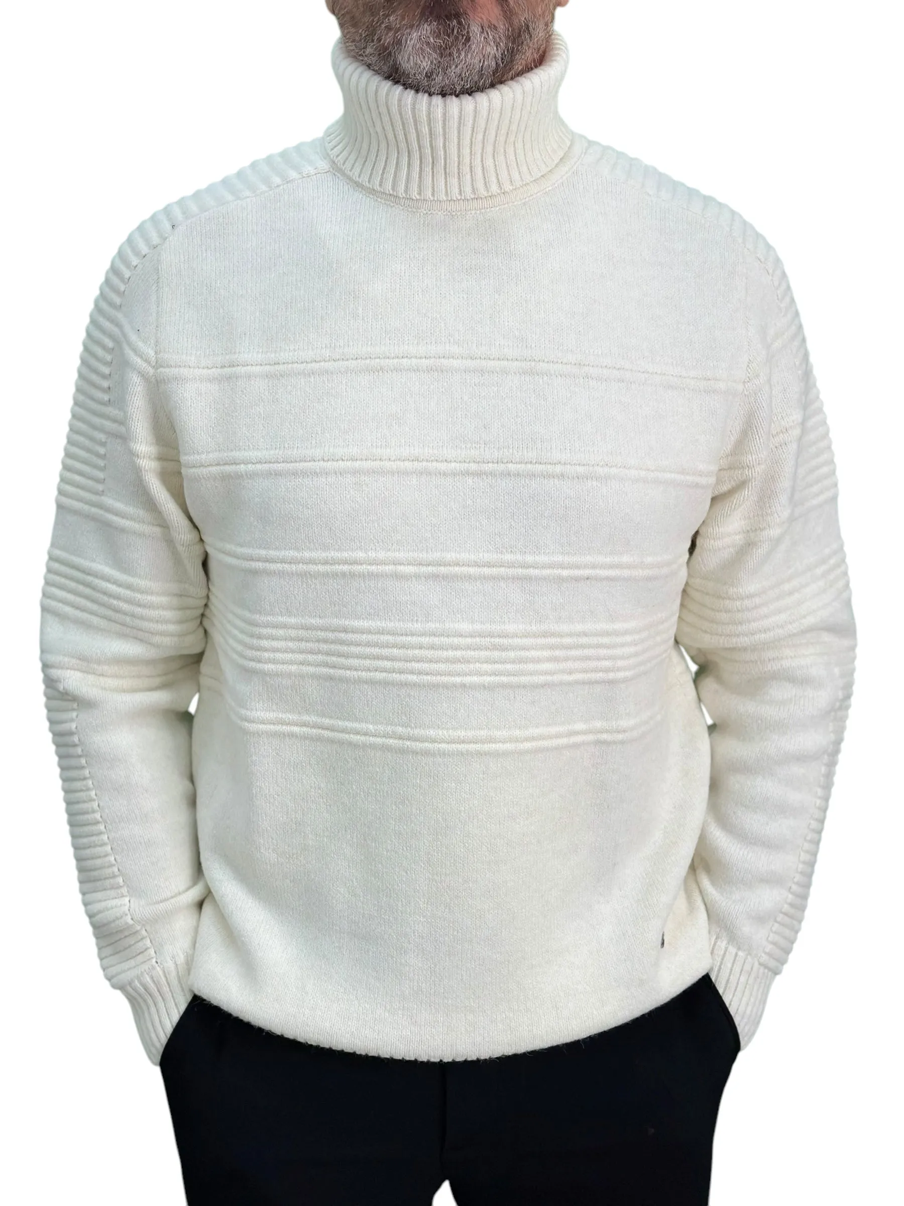 Solid Off White Patterned  Men's Chunky Turtleneck Sweater -100% Real  Wool