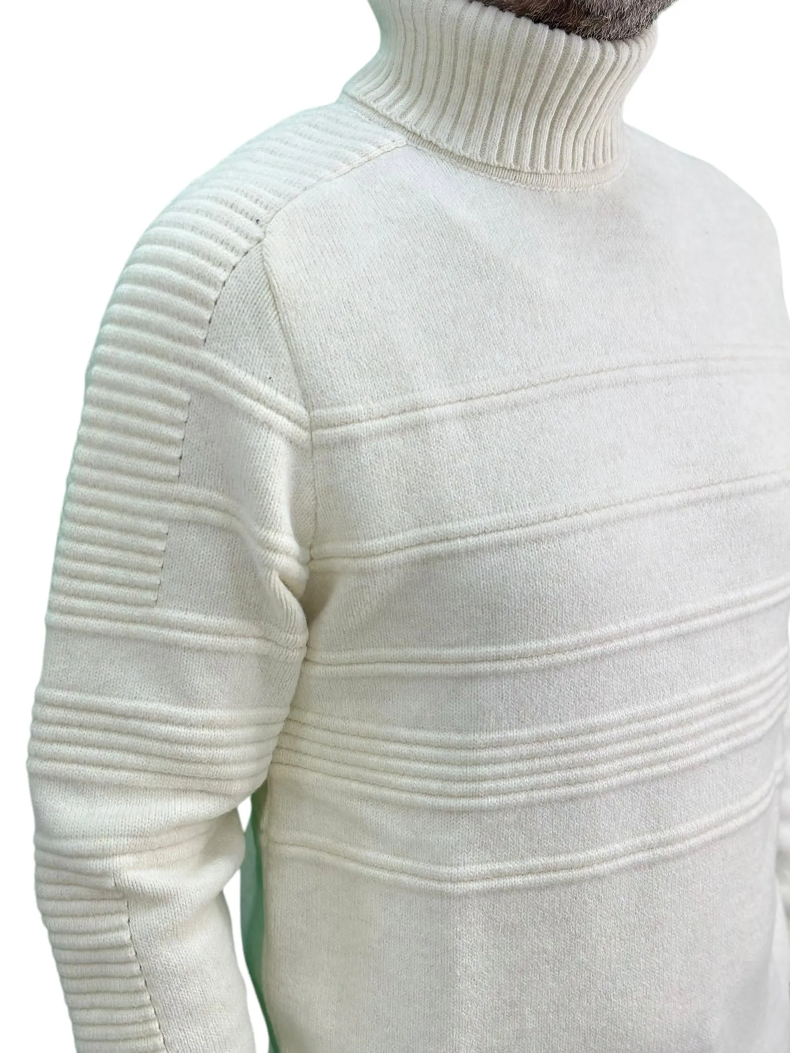 Solid Off White Patterned  Men's Chunky Turtleneck Sweater -100% Real  Wool