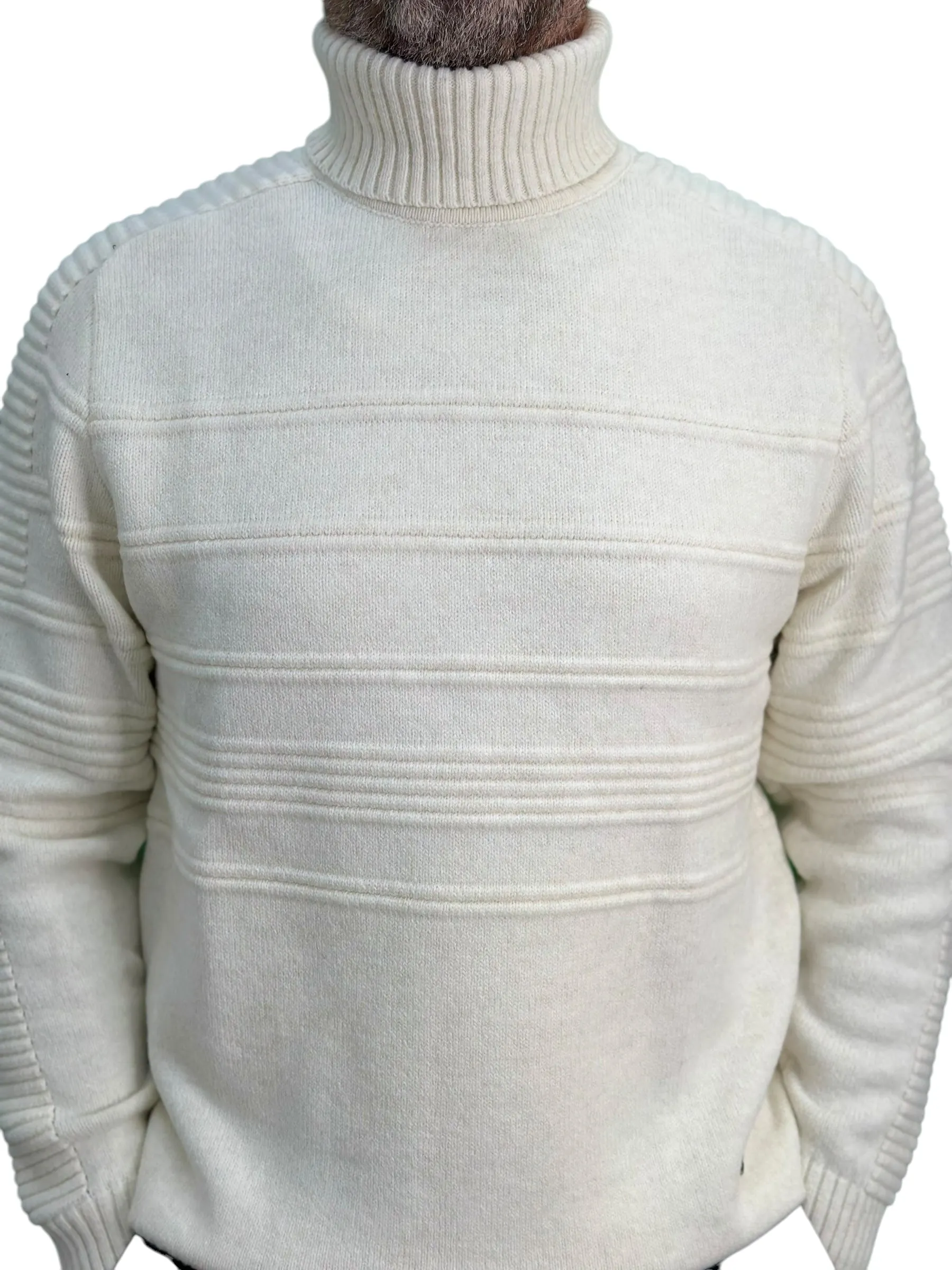 Solid Off White Patterned  Men's Chunky Turtleneck Sweater -100% Real  Wool
