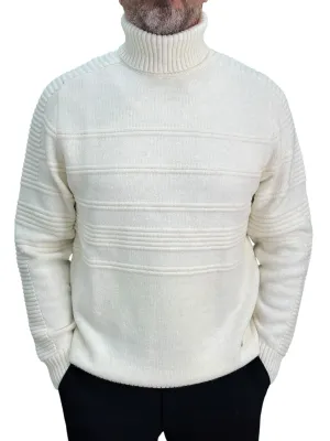 Solid Off White Patterned  Men's Chunky Turtleneck Sweater -100% Real  Wool