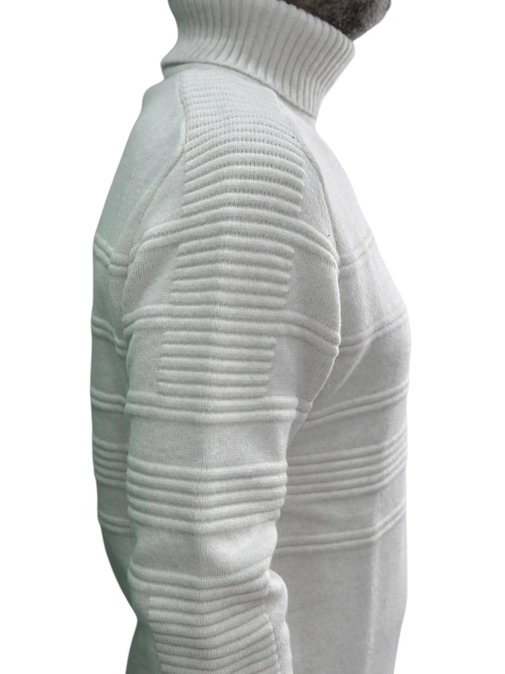 Solid Off White Patterned  Men's Chunky Turtleneck Sweater -100% Real  Wool